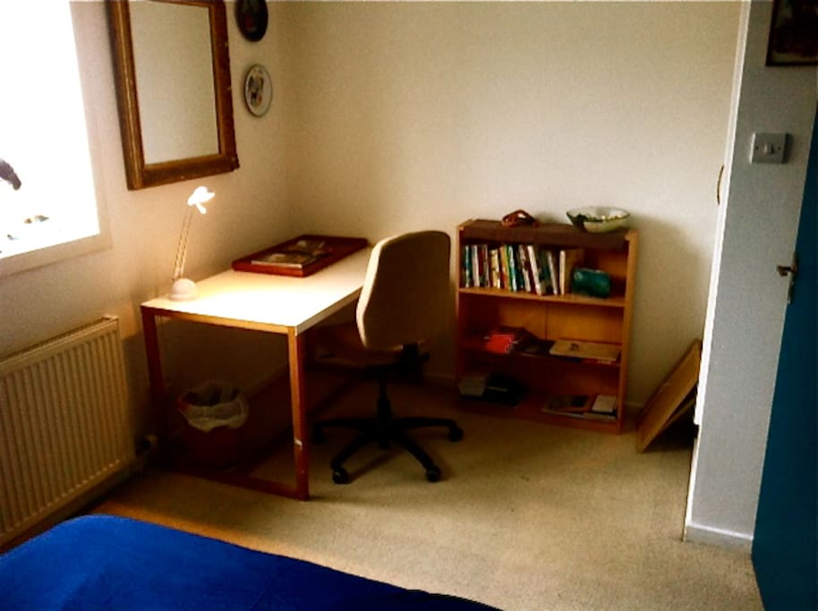The desk and books in the room