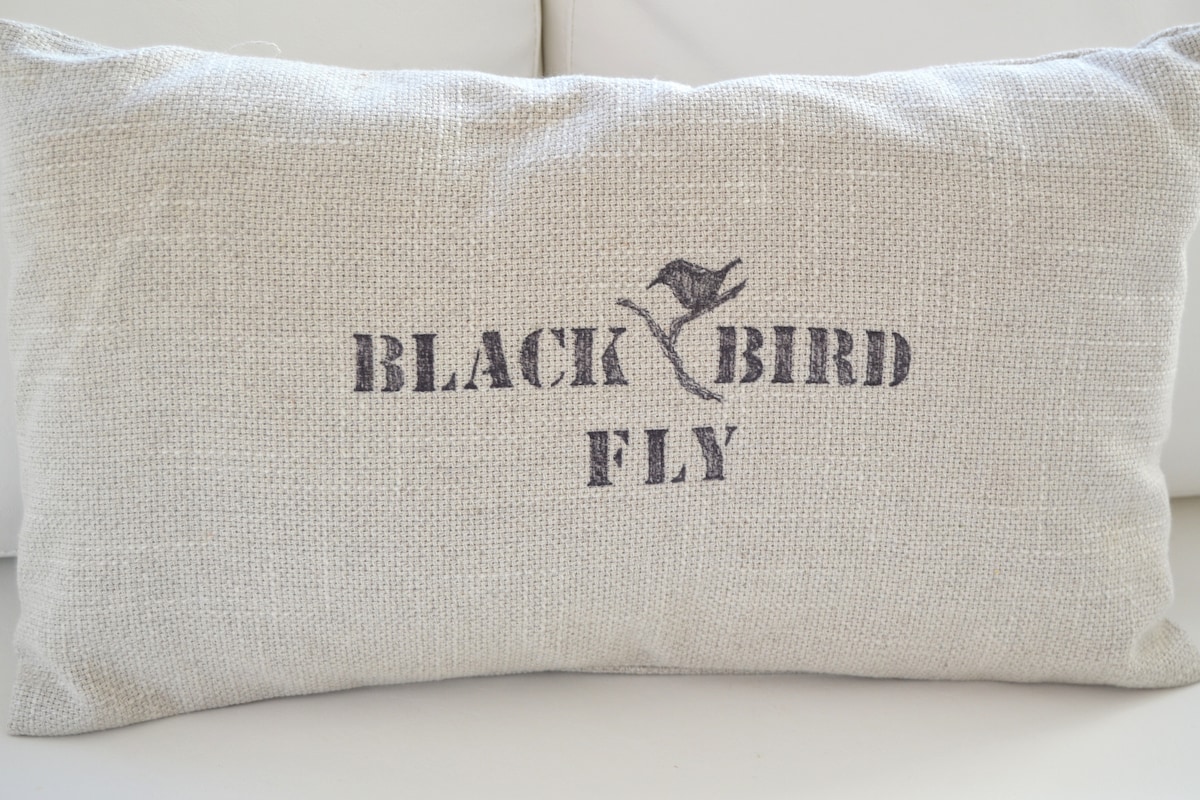 A decorative pillow is placed on a light-colored surface. The pillow features a textured fabric in a neutral tone, with the words 'BLACK BIRD FLY' printed in a contrasting dark ink, accompanied by a simple bird illustration.