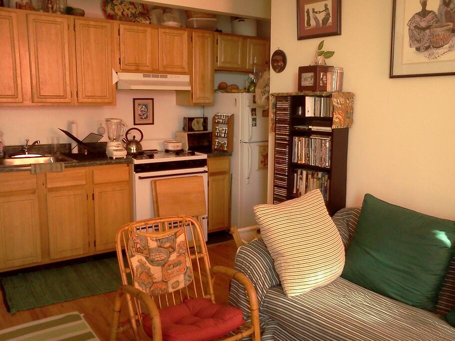 My renovated unit has adequate space between the kitchen area and living room, so no cramped feeling.