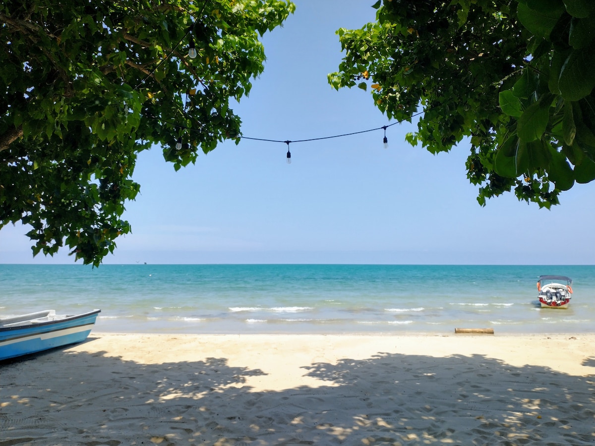 A serene beach view is framed by lush green trees, with soft white sand leading to calm turquoise waters. Fishing boats are anchored in the distance, while a gentle breeze rustles through the leaves, enhancing the tranquil atmosphere.