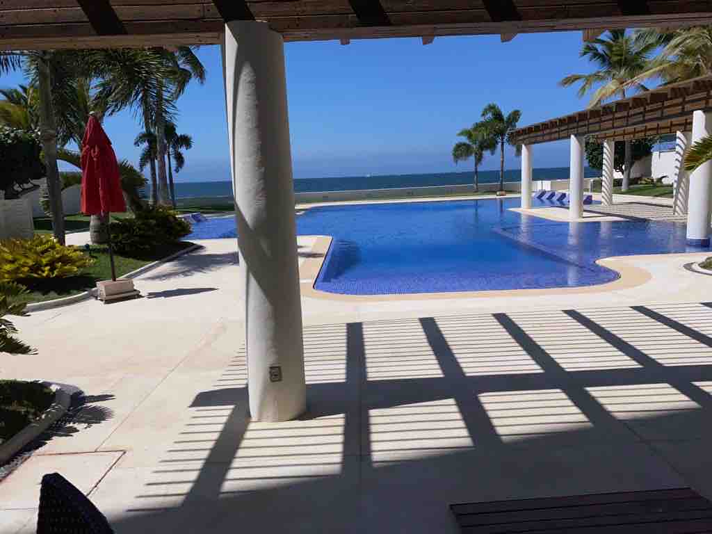 A serene outdoor area is visible, featuring a large swimming pool bordered by palm trees and sun loungers. The view extends toward the ocean, under a clear sky. Shadows from a pergola create a pattern on the deck, enhancing the tranquil environment.