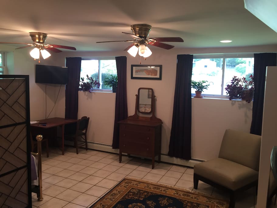 The space is flooded with light and comes with room darkening curtains for your comfort.