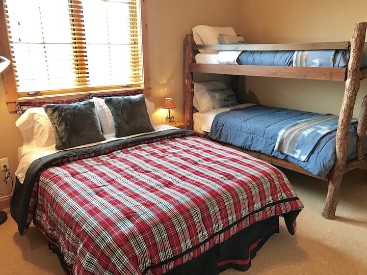 log bunk beds and queen size bed with brand new hybrid mattress