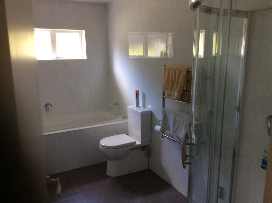Toilet,shower,bath,double vanity