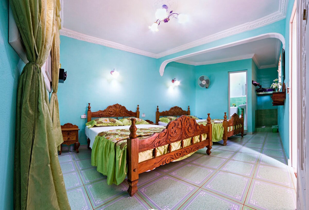 The room features two spacious beds with intricately carved wooden frames. Soft green bedding complements the pastel blue walls, while decorative curtains frame a window. A ceiling fan is positioned above, and an en-suite bathroom is visible in the background, enhancing the functional layout.