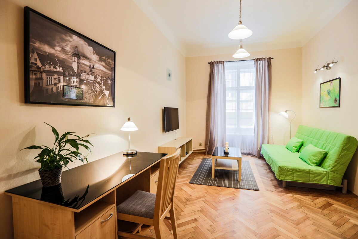 A bright living space is highlighted by warm wooden flooring and neutral walls. A green sofa bed is positioned across from a television, with a small coffee table in between. A desk and chair, accompanied by a potted plant, are situated near the window, allowing natural light to fill the room.