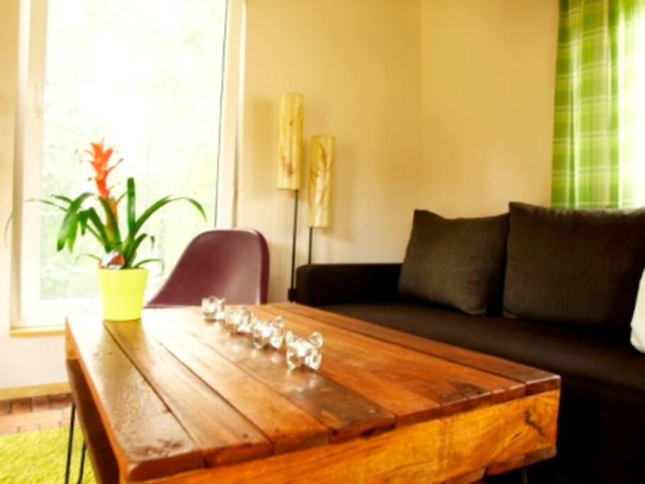 Sofa w salonie oferuje miejsce do spania dla 2ch dodatkowych osób