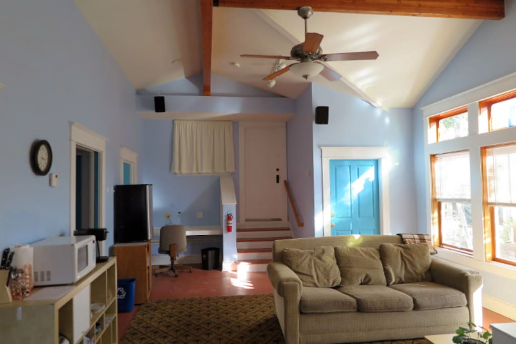 Comfortable couch; office area with high speed Internet