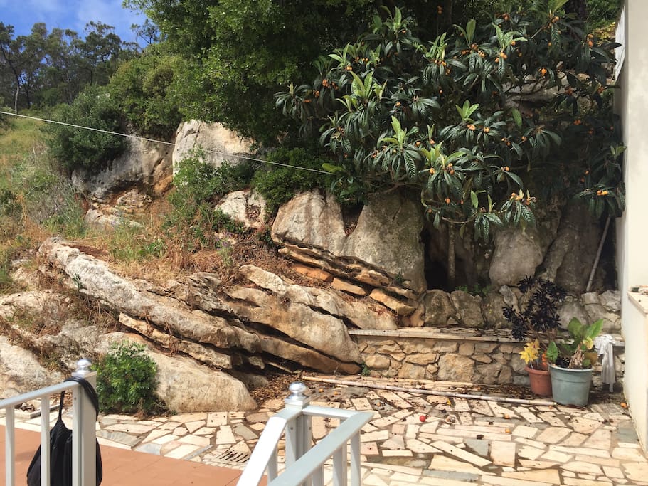 Picturesque sitting bench built into rockface