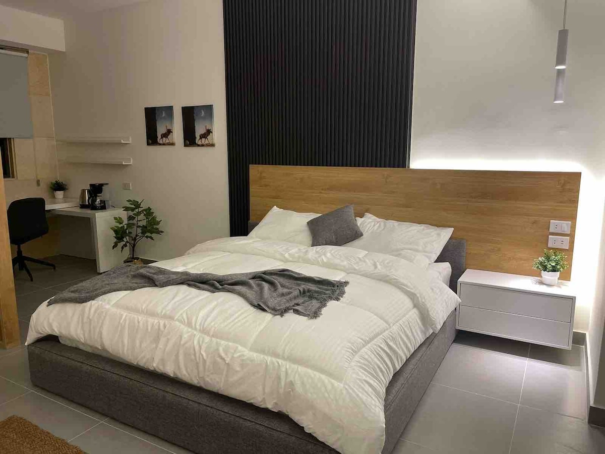 A modern studio features a large, stylish bed layered with white linens and dark throw pillows. A wooden headboard adds warmth, while a sleek nightstand and small desk provide functionality. Soft lighting highlights the room's clean lines, with minimalist decor enhancing the overall aesthetic.
