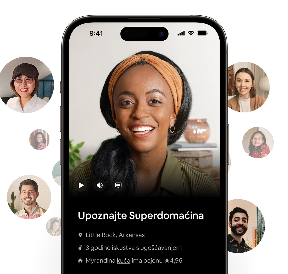 Nasmijani Superdomaćin u Airbnb aplikaciji. Tekst nas obavještava da se zove Myranda, da ima pet godina iskustva s ugošćavanjem u Little Rocku, te da je njena ocjena na Airbnbu 4,96 zvjezdica od 5.