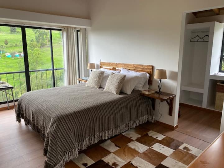 Alcoba kuu iliyo na kitanda aina ya queen, kabati la kuingia na bafu la kujitegemea