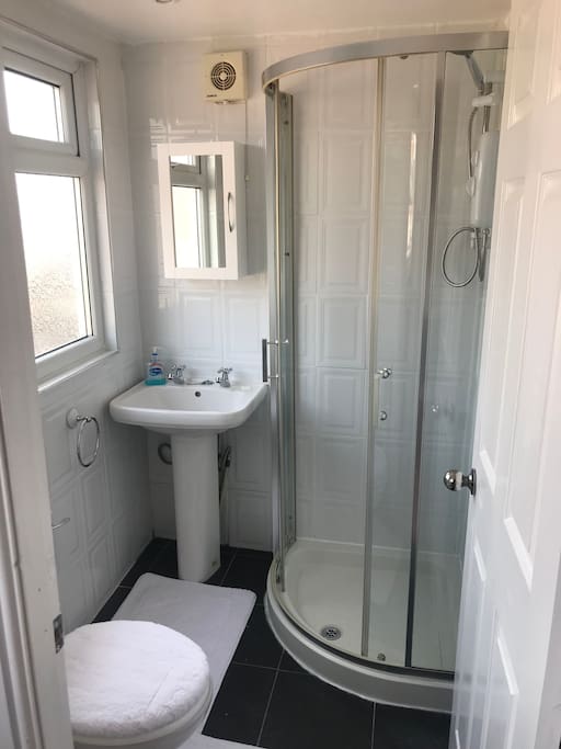 Private shower and toilet connected to the bedroom.