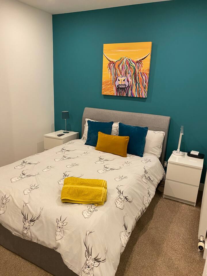 Bedroom 1. Very comfortable Double bed . Tv , mirrored wardrobe, bedside tables and wireless charger light