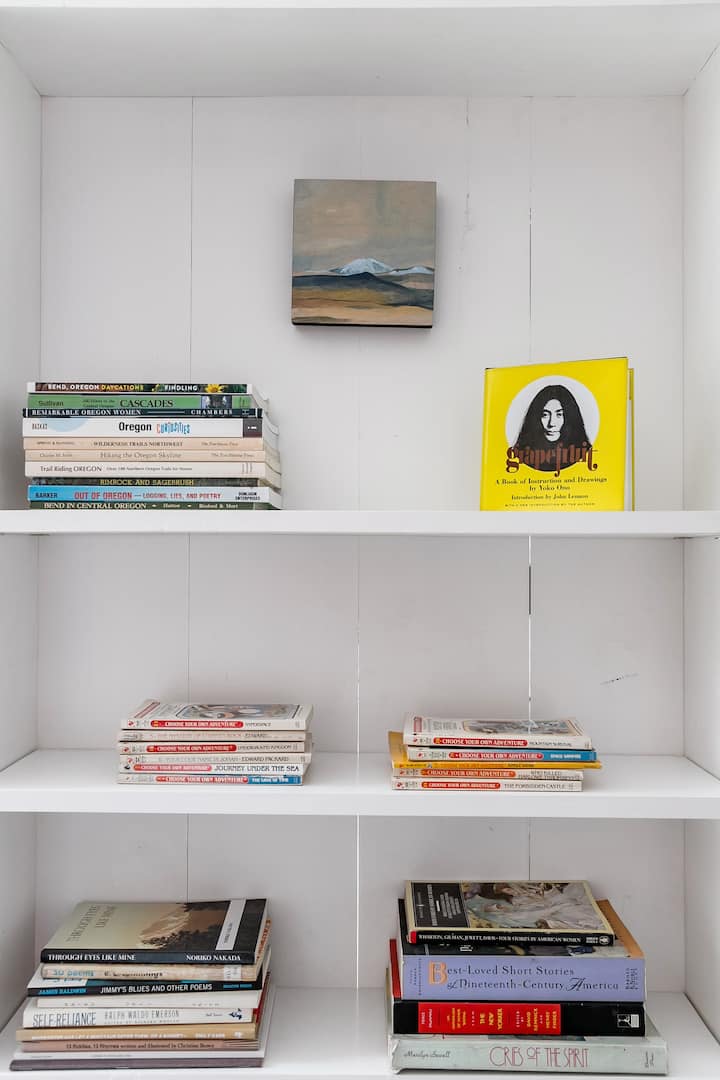 A little bookshelf creates separation between the living room and bedroom areas.