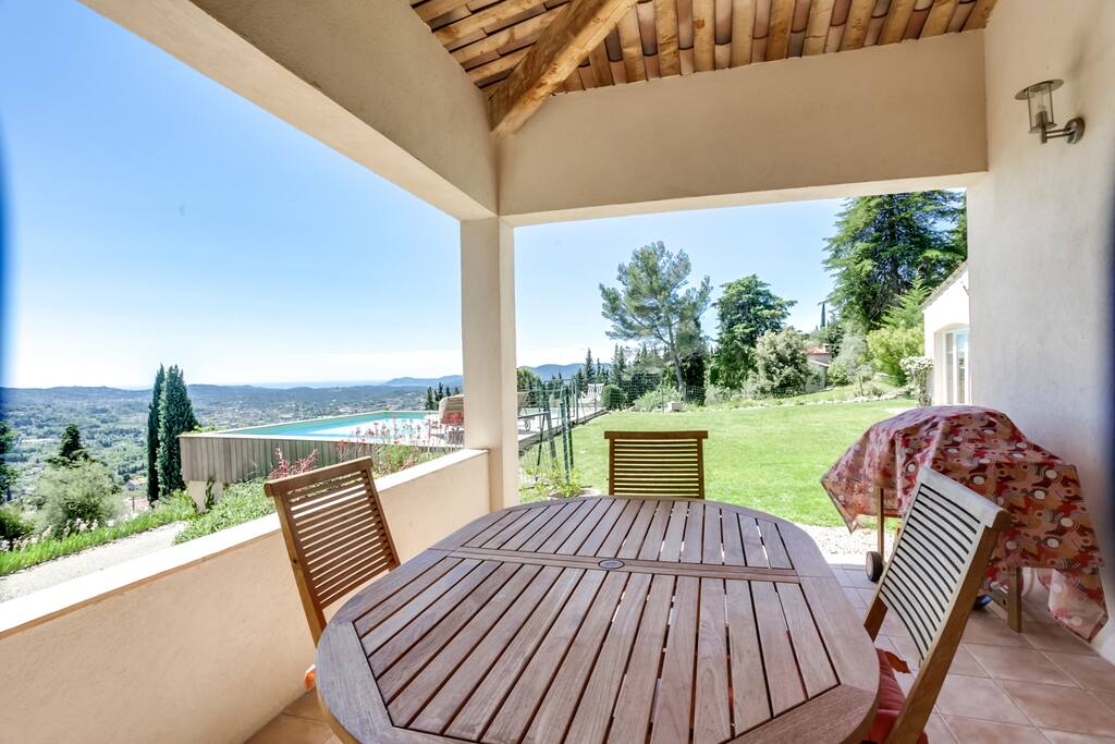 Terrasse protégée avec barbecue, table de 6 à 8 pers