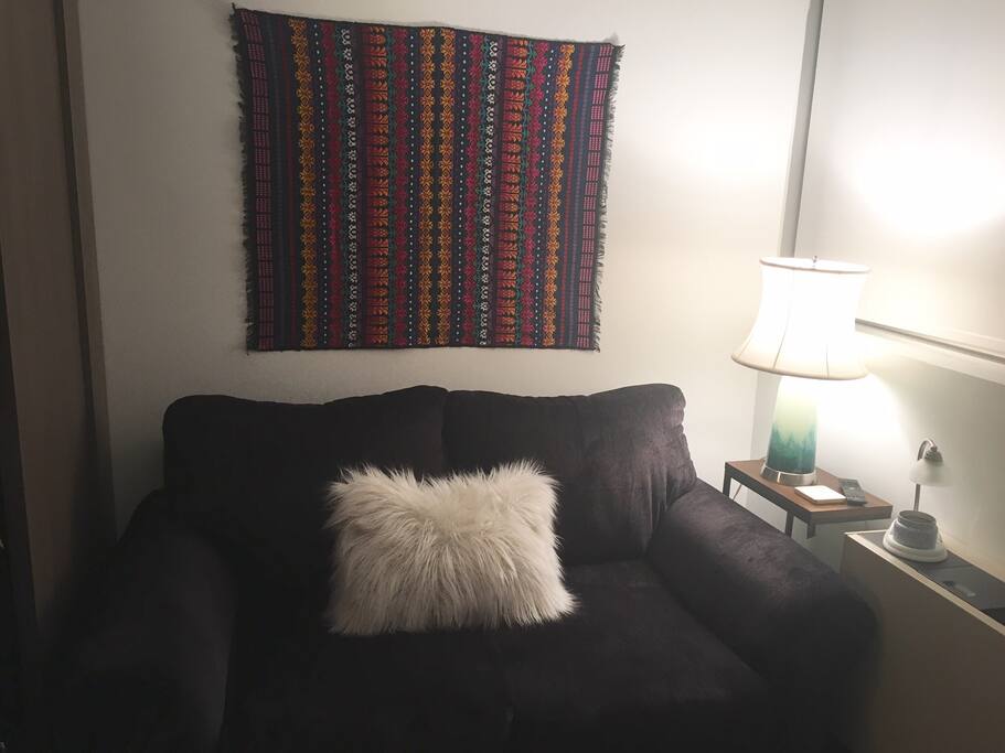Small couch that’s great for watching tv or even sleeping.