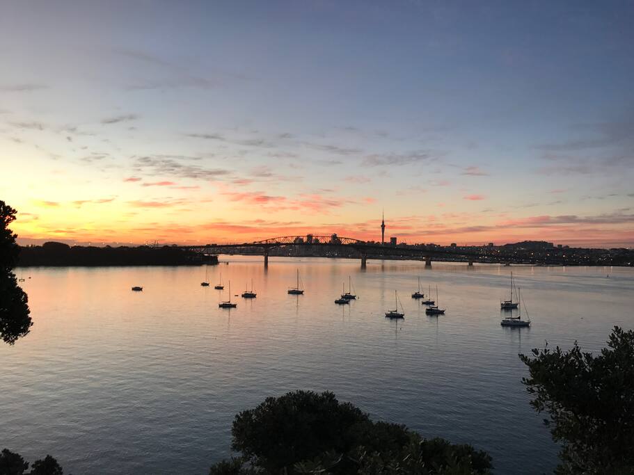 Sunrise from behind the city.