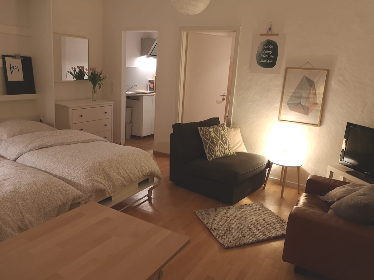A cozy studio apartment is presented, featuring a spacious bed with neutral bedding and a comfortable seating area with a small couch and armchair. Light from a nearby lamp illuminates the room. A kitchen is visible in the background, along with a wooden table and decorative items.