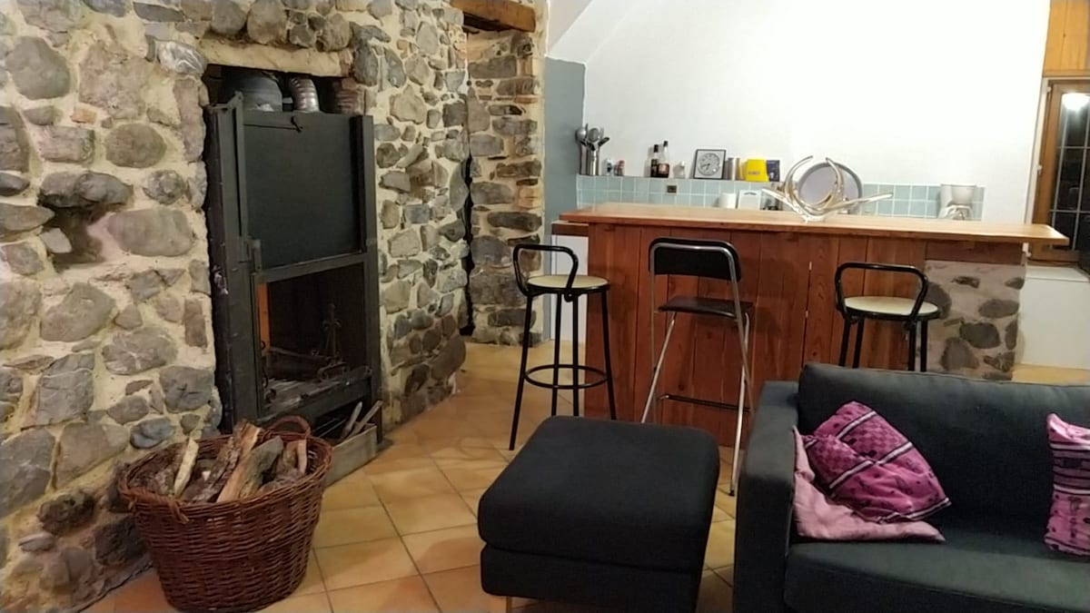 A rustic living area features a stone fireplace, providing a cozy focal point. A wooden bar with seating stands in the background, while a dark sofa with decorative cushions adds comfort. A basket of firewood sits beside the fireplace, enhancing the warm atmosphere.