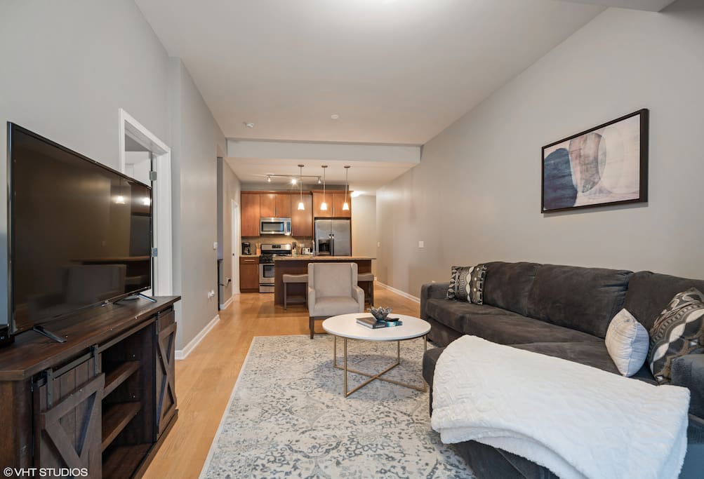 Our living area gives you a great place to relax between meetings or Chicago adventures!