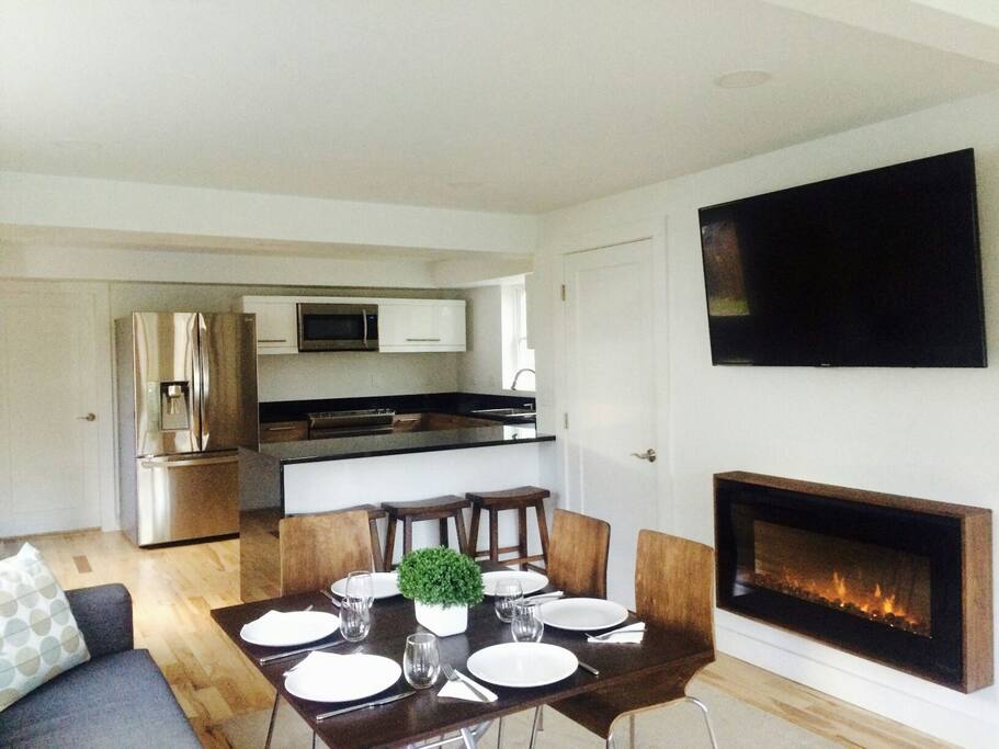 Coffee table converts into dinning table for six.