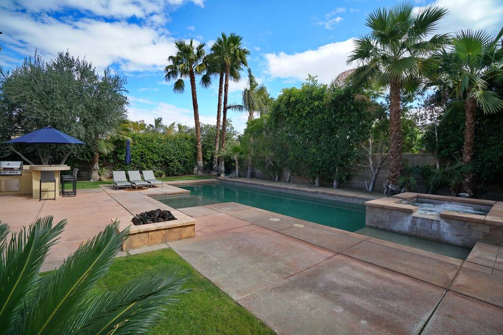 Huge pool with raised spa and 2 large tanning shelves in the pool