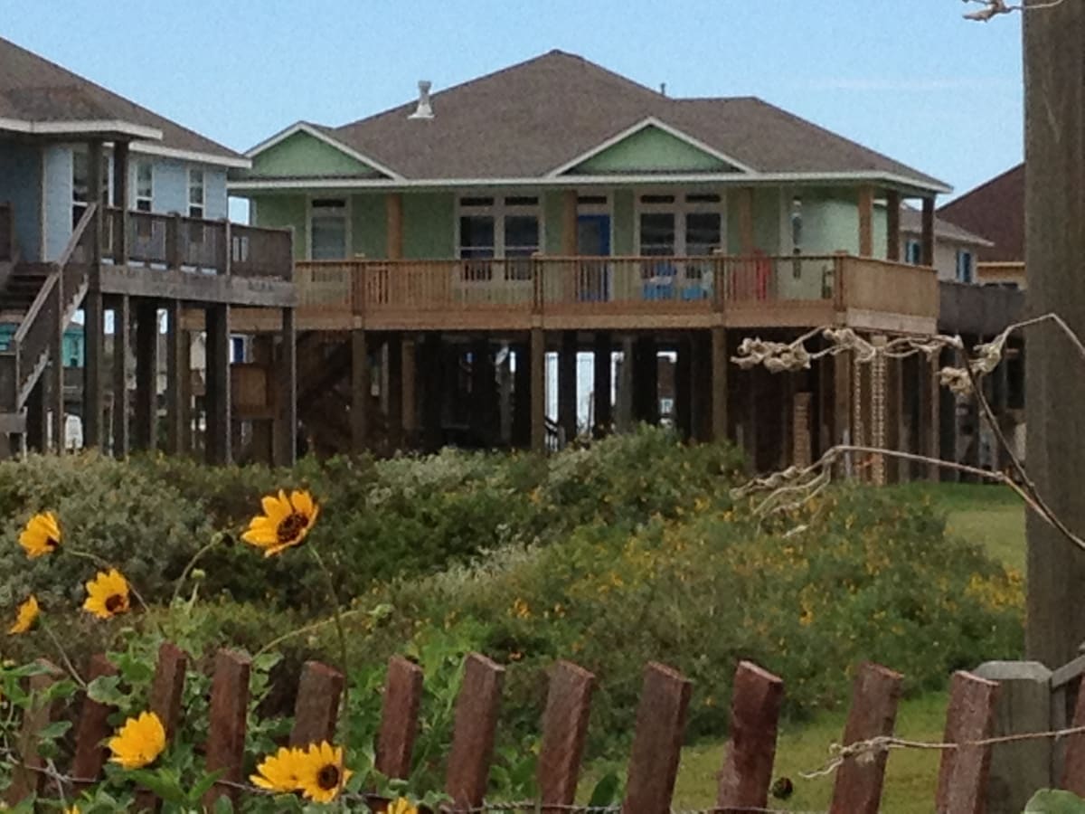 A coastal home, elevated on pilings, is visible surrounded by landscaped greenery. The structure features a light green facade with a spacious deck, large windows, and a covered entry. Sunflowers and a rustic wooden fence are situated in the foreground, contributing to the beachside atmosphere.