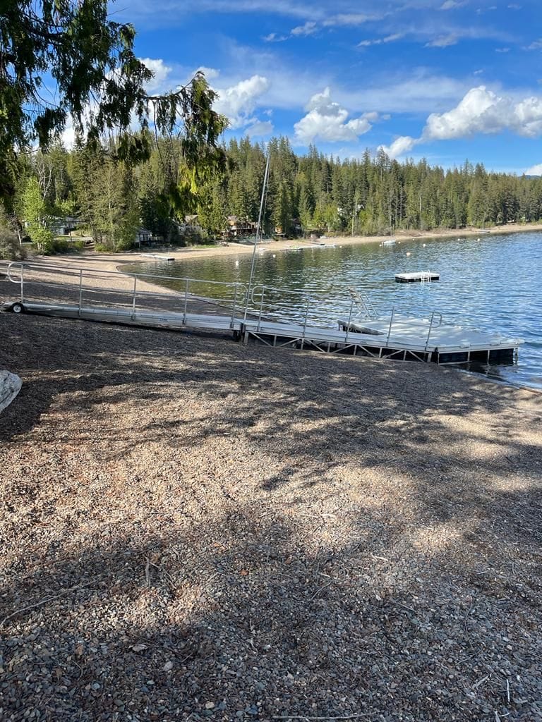 A sandy beach area gently slopes down to the clear waters of Shuswap Lake, featuring a wooden swim dock extending into the water. Surrounding evergreen trees provide a serene backdrop, while a few distant structures are visible along the shoreline.