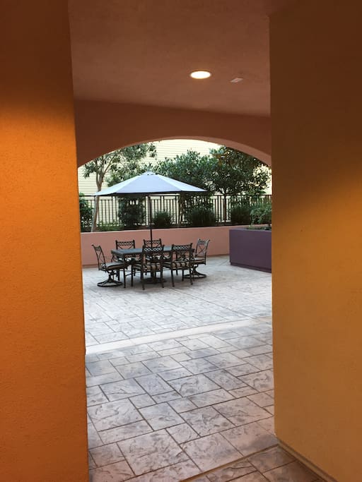 Extra large front patio offers a relaxing eating area.