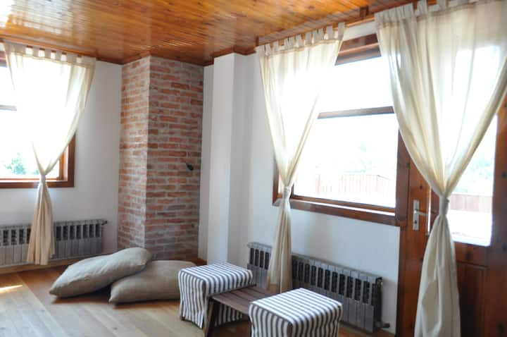 Apartament me pamje nga mali, dhomë e përbashkët