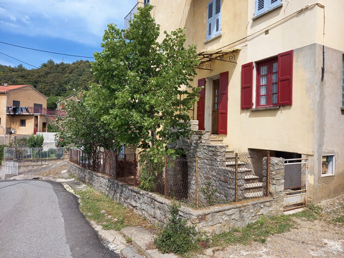 The exterior of a charming yellow building is shown, featuring red shutters on its windows. A stone staircase leads to the entrance, surrounded by a small garden area with a green tree. The neighborhood includes a few residential buildings visible in the background.
