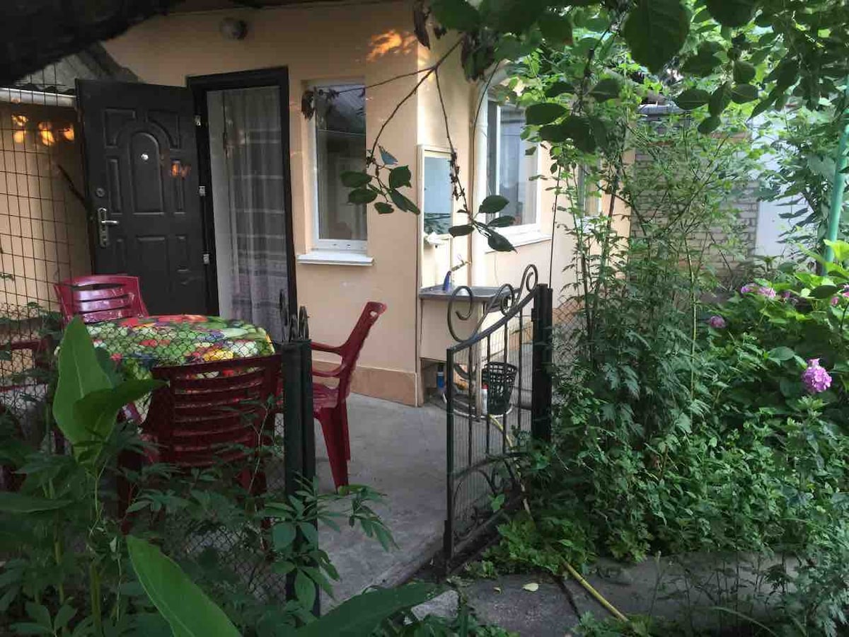 A secluded outdoor area is captured, featuring a table adorned with a vibrant tablecloth surrounded by red chairs. A gate leads to a garden space filled with greenery and flowering plants, creating a serene environment for outdoor gatherings. Soft lighting hints at a cozy atmosphere.
