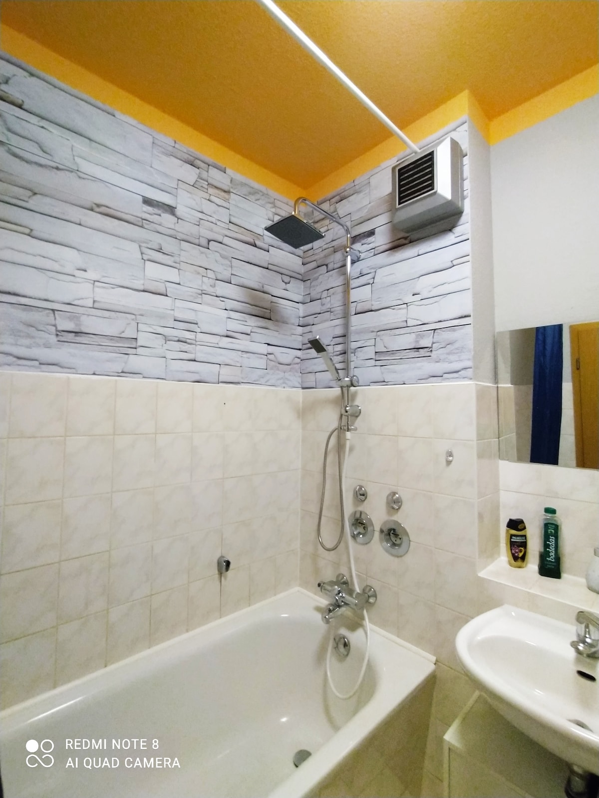 The bathroom features a combination of a bathtub and shower. The walls are adorned with a stone-like design, while the floor is tiled in light tones. A washbasin with a mirror is also present, along with fixtures for personal care products.