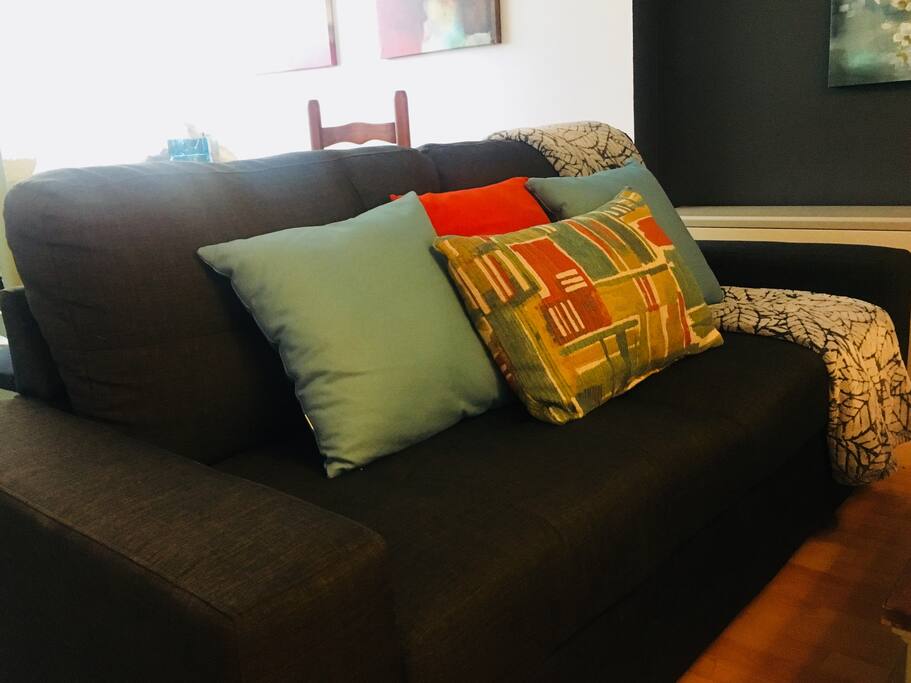 Comfy new couch to cuddle up in. Feel free to toss the cushions on the floor if there are too many!