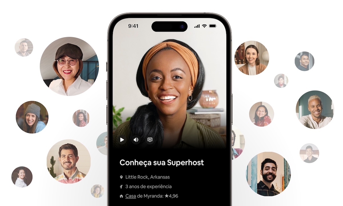 Uma Superhost sorridente no aplicativo do Airbnb. A mensagem nos informa que seu nome é Myranda, ela tem três anos de experiência como anfitriã em Little Rock e sua avaliação no Airbnb é de 4,96 estrelas, de um máximo de 5.