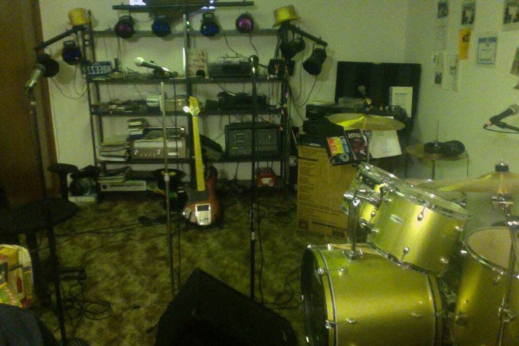 music studio bass drums keyboard 4 mic pa system.