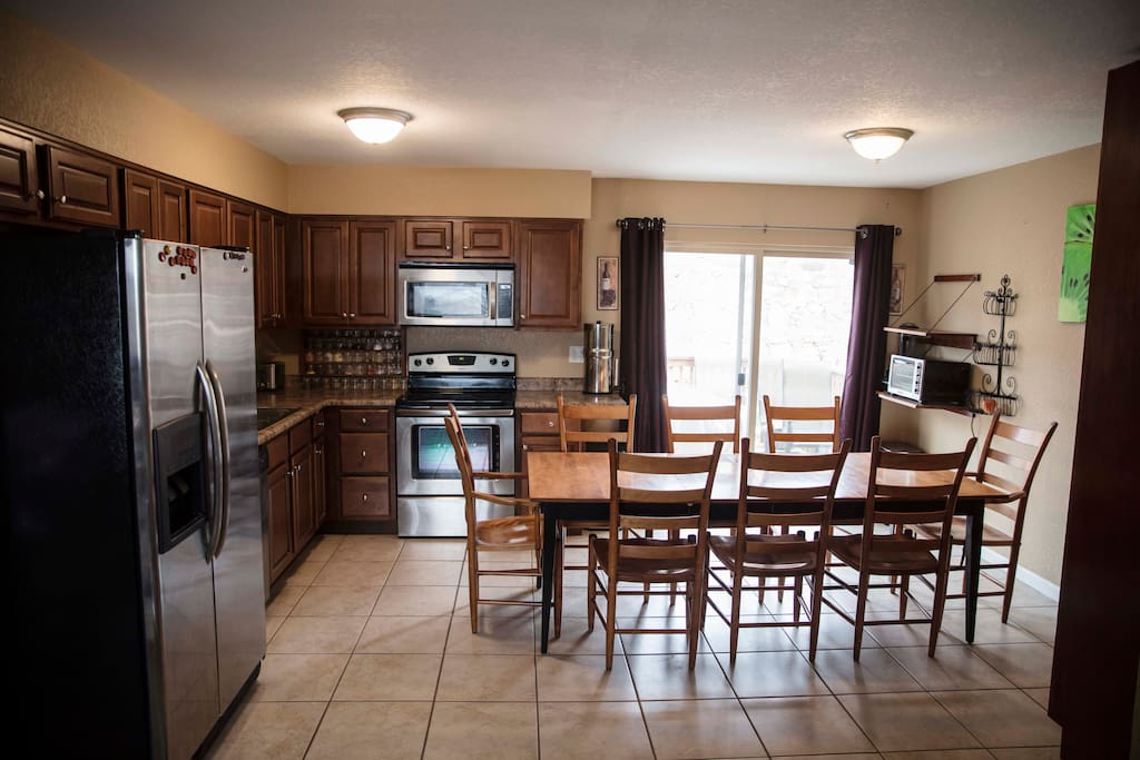 Kitchen with larger table set-up.