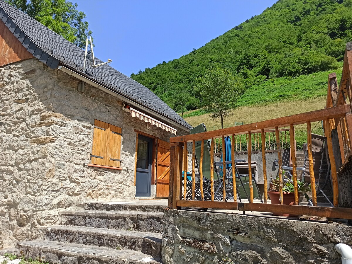 The exterior of the chalet features a stone facade with wooden shutters and a sloping roof. Steps lead to a wooden terrace with seating and a barbecue. The surrounding greenery provides a natural backdrop, highlighting the serene mountain landscape.