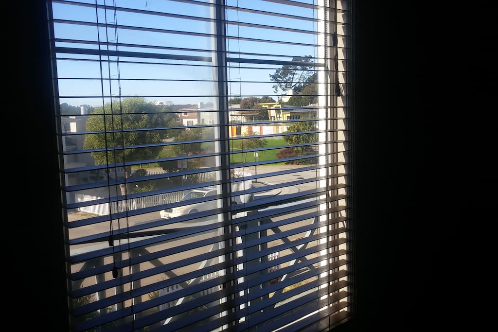 View of street and park from the bedroom window.