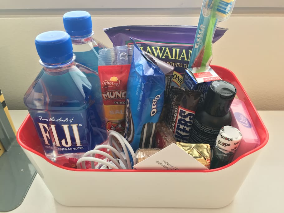 Your Guest Room |
Welcome basket with water, snacks, power cord, wifi password, and bathroom sundries.