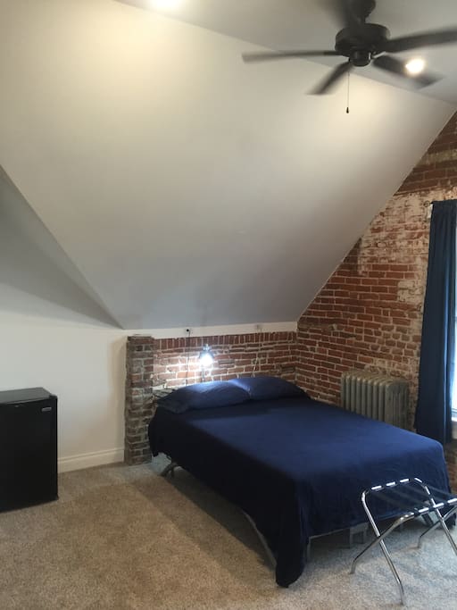 Queen memory foam bed and mini fridge