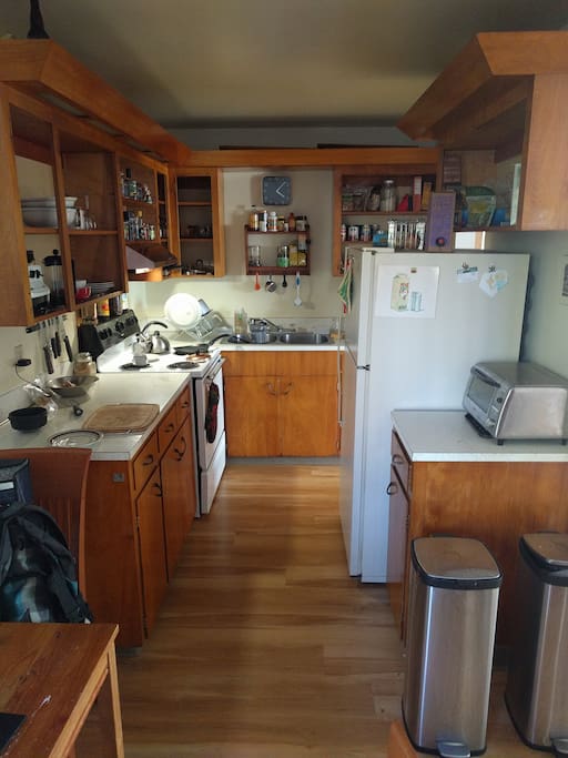 Small but useful kitchen with electric stove, proper pots and pans, and Vitamix