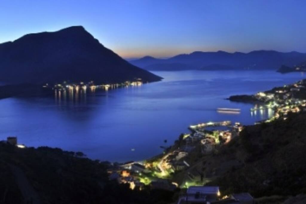 Night photo of Telendos from Kamari