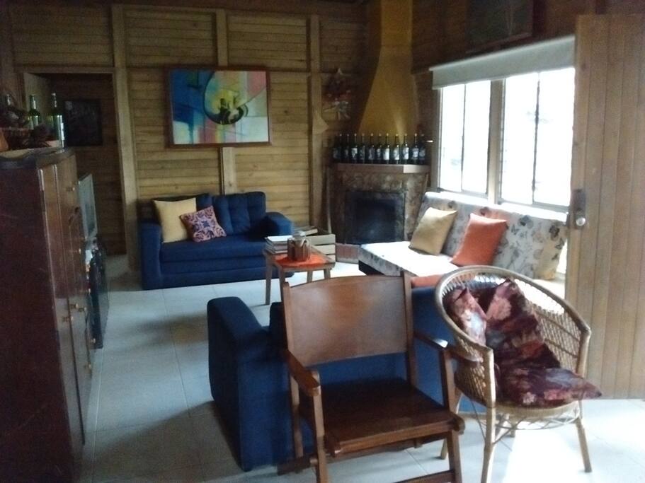 Zona común: salón y chimenea.