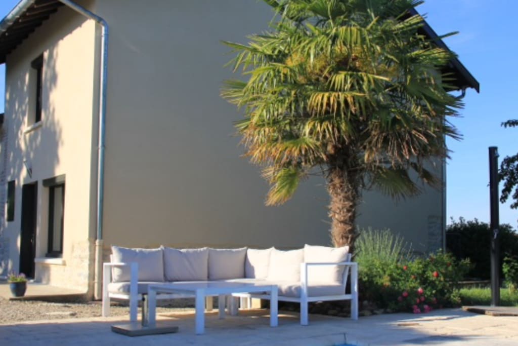 Notre salon de jardin à l'ombre du palmier est l'endroit idéal pour une pause à l'ombre entre deux plongées.