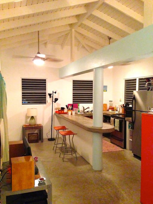 Newer stainless appliances and cement countertops