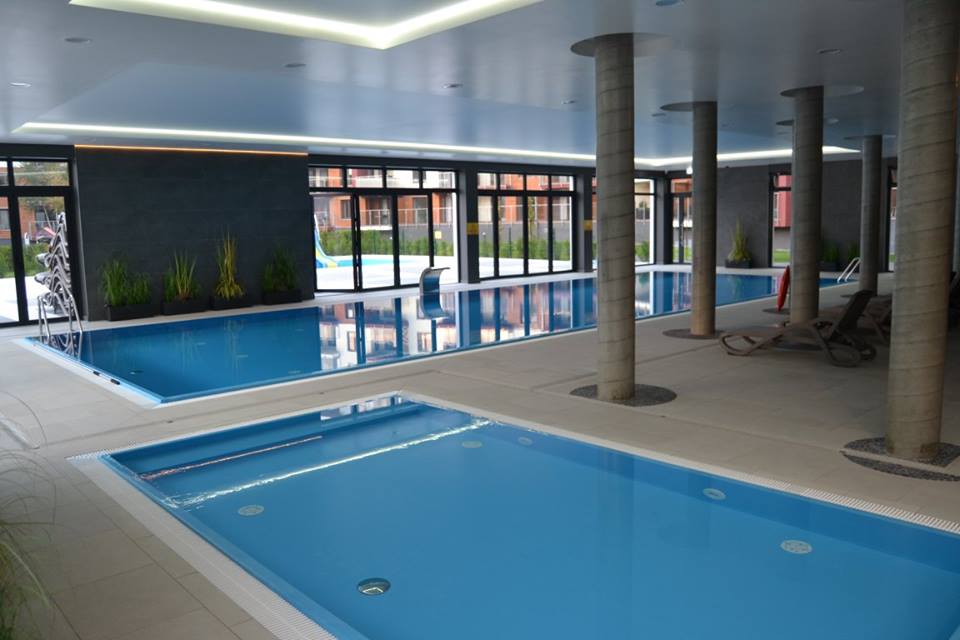 An indoor swimming area features two distinct pools of varying sizes, surrounded by large windows that provide natural light. Sleek lounge chairs are positioned nearby, and potted plants add greenery to the modern space. Water features create a calming atmosphere throughout the area.