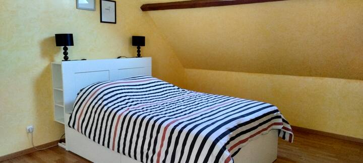 La chambre à l'étage. une grande pièce lumineuse jouxtant la salle d'eau.
Lit en 140 avec un matelas Simons. Alèse de protection sur le matelas et les oreillers. Grand placard de rangement.
La taille de la pièce permet de rajouter 1 lit d'appoint.