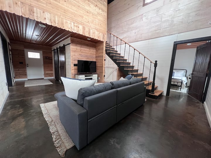 Living room area with sofa sleeper, and smart TV.